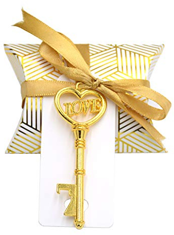 50 Stück Herz Form Vintage Schlüssel Flaschenöffner Hochzeit-Gold | Skelett Schlüssel Flaschenöffner Set mit Kissenboxen und Etikett als Gastgeschenk für Hochzeit, Party und Souvenir