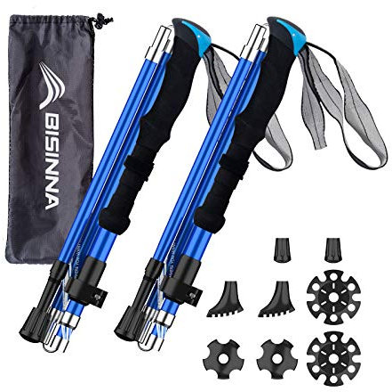 BISINNA Wanderstöcke Trekkingstöcke Nordic Walking Stöcke - 95-115 cm / 115-135 cm Faltbar Verstellbar Leichtgewichtige Aluminium-Wanderstock, mit Gummipuffer für Damen und Herren (4 Farben)