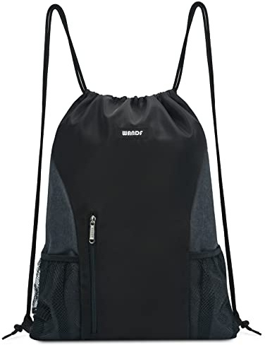 WANDF Drawstring Backpack Sports Gym Sackpack with Mesh Pockets Water Resistant String Bag for Women Men(Black)