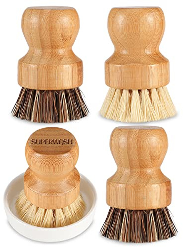 SUPERWASH PLUS Bamboo Scrub Brush Clean Pan, Dish and Vegetable, Natural Bristles Palm Pot Brush 4 Pack Round Mini Dish Brush with Ceramic Holder for Kitchen Sink Cleaning