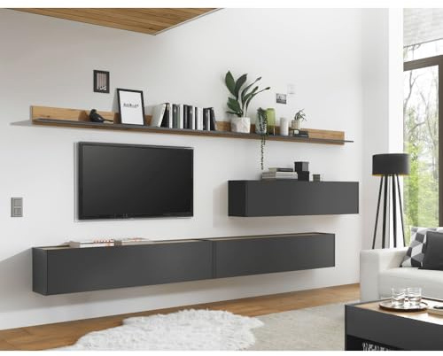 Lomadox Hängende TV Wohnwand in anthrazit mit Absetzungen in Wotan Eiche Nb., B/H/T: ca. 340/180/30 cm