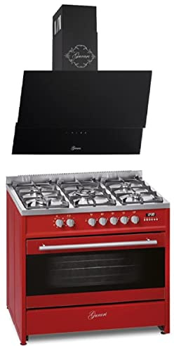 GURARI Gas Elektro Standherd GCH E 911 R+GCH D 268 BL 9 Prime 90 cm/Range Coocker / 121L / 8 Funktionen/Erd-/Propangas + Dunstabzugshaube 90cm/ Schwarz Glas/Saugstark 1000m³/h