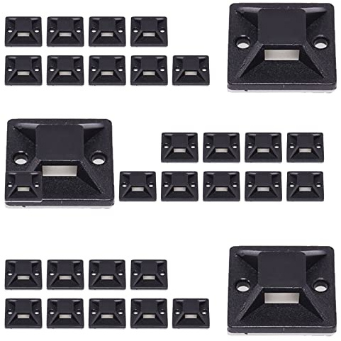 Black Self-Adhesive Cable Tie Mounts, 100 Pack, 20mm Cable Tie Base Holders | Self-adhesive mounts with 3M backing, screw holes. Ideal for home office cable tidy; suits LED, USB, Xmas lights.