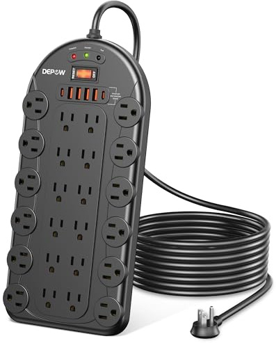 DEPOW Power Strip, 24 AC Outlets (1875W/15A) with 6 USBs (2 USB-C Ports), ETL Listed, Surge Protector (3,400 Joules), 8 Ft Heavy Duty Flat Plug Extension Cord, Wall Mountable for Home, Office, Black