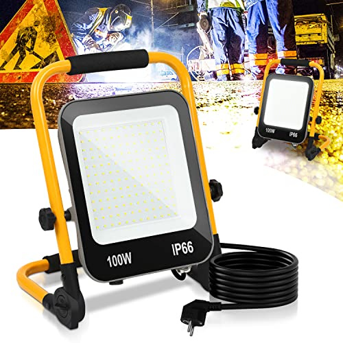 Izrielar 100W 10000LM LED Baustrahler LED Strahler Arbeitsleuchte 144 LEDs Baulampe 6000K Kaltweiß Bauscheinwerfer Faltbarer LED Fluter IP66 Austellenlampe für Werkstatt Camping