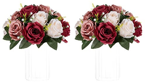NUPTIO Artificial Flower Centrepieces for Tables 2 Pcs Burgundy & Dusty Rose & Creamy White Fake Flowers Roses Balls 24cm Diameter Silk Faux Roses Arrangement for Wedding Party Centerpiece Decor