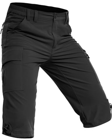 Wespornow 3/4 Kurze-Hosen-Herren Bermuda-Cargo-Outdoor-Shorts Wasserdicht Cargohose Wanderhose Stretch Trekkinghose Sporthose Fahrradhose Lang MTB Sommer für Männer (Schwarz, L)