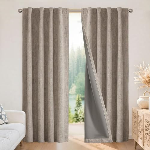 Joydeco 100% Verdunkelungsvorhänge, natürliches Leinen, 2 Paneele, Thermovorhang für Schlaf- & Wohnzimmer, Blickdicht, mit Rückenschlaufen & Stangentasche (132 cm B x 274 cm L, Leinen)