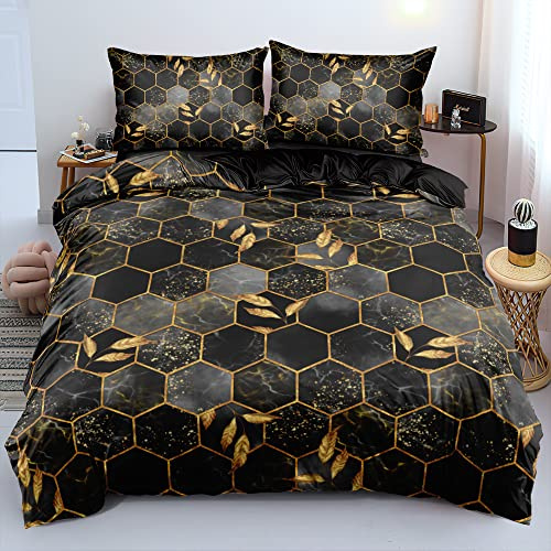 Luofanfei Karierte Bettwäsche Schwarz Gold 220x240 cm 3D Marmor Karo Muster | Wendebettwäsche Marmoroptik Karierte Blätter Motiv Aesthetic Microfaser Luxus Modern Bettbezug Set 240x220 mit Reißverschluss