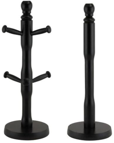 Kitchen Roll Holder and Mug Tree - and Paper Towel Holder Bathroom Storage Paper, Mugs and Cups Stand 6 Hoods (Beech Wood/Black, Mug Tree + Towel Stand) (Black)
