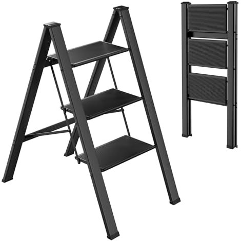 Scala pieghevole in alluminio a 3 livelli, scaletta antiscivolo per casa, scala leggera, portata fino a 150 kg, utilizzata in cucina, casa, ufficio (nero)