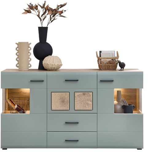 Sideboard 170cm Vitrinenschrank mit Beleuchtung, Eiche mit Schilfgrün
