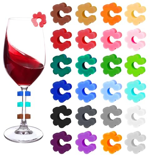 UTXN 24 Stück Weinglasanhänger, Glasanhänger, Glasmarker für Getränke, Blumenform, Silikon-Glasmarker, farbige Weinglasmarker für Champagner, Feier, Party