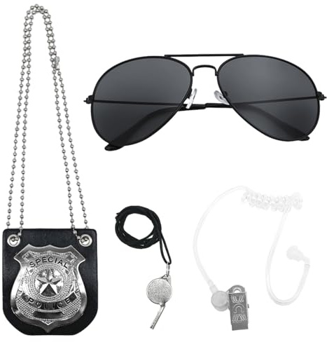 FUIPVGI 4 Piezas Accesorios Disfraz Policia, Disfraz de Policía con Silbato, Placa de policía, Gafas de Sol Policía Juguete Kit para Niños Halloween Fiesta