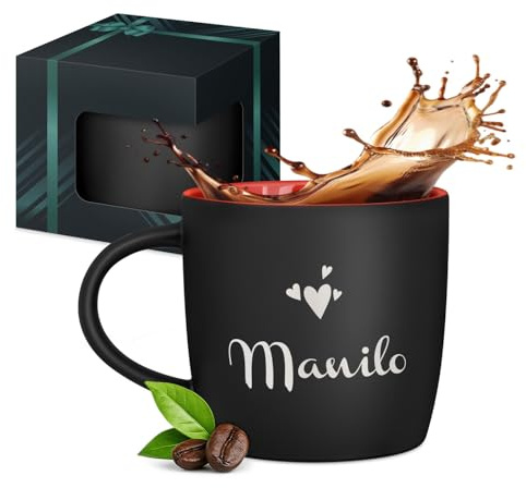 Maverton Tazza da caffè macchiato o tè in ceramica, 400 ml, Incisione | Personalizzata, Tazze con manico per bevande per Lui, Bicchiere da colazione per compleanno uomo, Interno rosso, nome