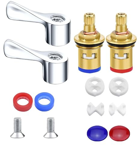 Buaak 2 Sets Tap Cartridge Replacement, Universal 1/2 Mixer Tap Cartridge, Chrome Plated Replacement Tap Valves with Metal Lever Heads, Tap Heads for Kitchen Bathroom Faucet Sink Taps