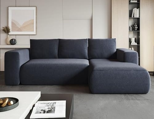MODERNO Ecksofa mit Schlaffunktion und Bettkasten LAMBI - Sofa mit 3 Sitzen und Robusten Überzug - Schlafcouch L-Form - Modern Couch 266x164x89 cm - Ecke Rechts Marineblau
