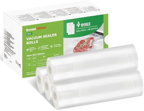Bonsenkitchen Vacuum Food Sealer Rolls Bags 4 Rolls 20 x 500 cm, BPA Free, Commercial Grade Textured Food Vacuum Sealer Bag, Thick Embossed Bags for Food Storage and Sous Vide Cooking, VB40