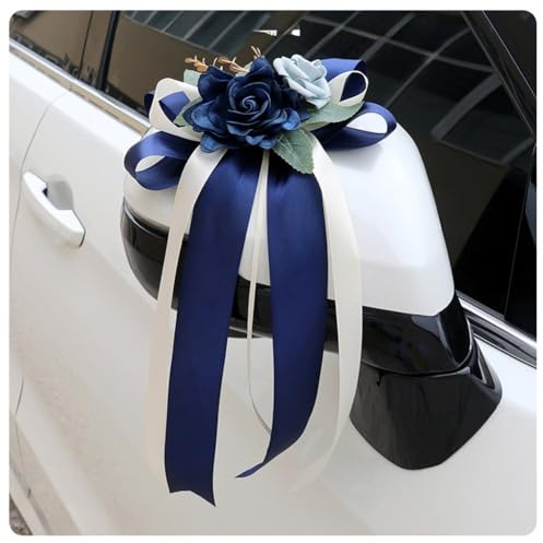 4 Stück Autoschleifen Seidenblume Hochzeit Simulation Rose Schleife band Autoschmuck Türgriffleiste Rückspiegel Hochzeit Stuhl Zurück für Hochzeitsfeier Kirche Hochzeitsauto Hochzeit Party Blau