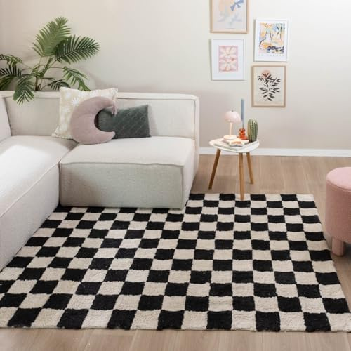 FRAAI | Home & Living Retro Teppich - Gambit Schwarz Weiß - 120x170 cm | Symmetrische, Blöcke - Modern, Retro - Wohnzimmer, Kinderzimmer, Schlafzimmer - Fellteppich
