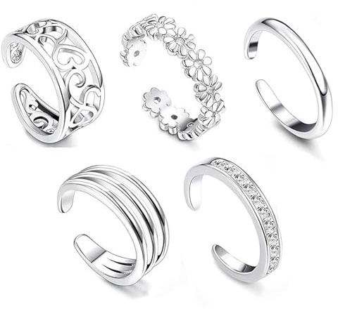 Asheyya 5 PCS Silver Toe Rings for Women, Adjustable Silver Toe Ring Set