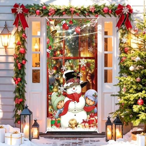 Rot Weihnachten Türdeko Banner Deko, 90 * 185cm Schneemann Geschenk Hintergrund Banner Frohe Weihnachts Tür Weihnachtsbanner, Große Stoff Weihnachtsdeko für Outdoor Draußen Garten Neujahr Party Deko