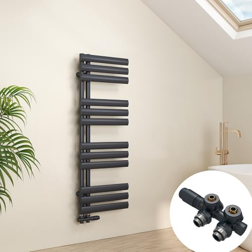 EMKE Oval Badheizkörper mit Multiblock 1120x400 mm, Handtuchheizkörper Seitenanschluss Handtuchwärmer Handtuchtrockner Heizkörper Bad Anthrazit 408 Watt