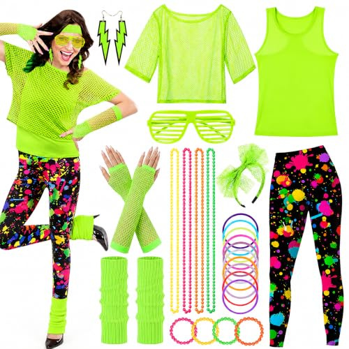 SaiXuan 26 Pcs 80er Jahre Neon Kleidung Damen Set, Netzshirt Damen, Fluoreszierende Westen, Stirnband, Ohrringe, Halskette, Netzhandschuhe, für 80er Jahre Outfit, Mottopartys, Bühnenshows