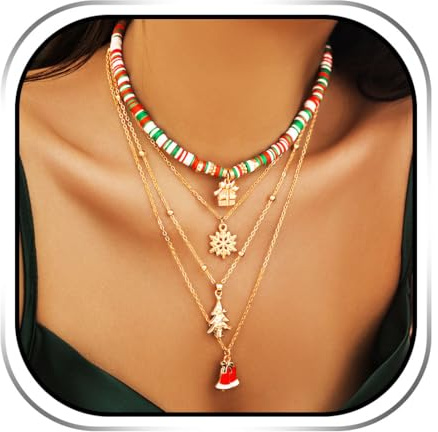 Handcess Weihnachtshalskette Gold Schneeflocke Geschichtete Halsketten Weihnachtsbaum Choker Halsketten Xmas Halskette Kette für Frauen, Free Size, Kunststoff, Kein Edelstein