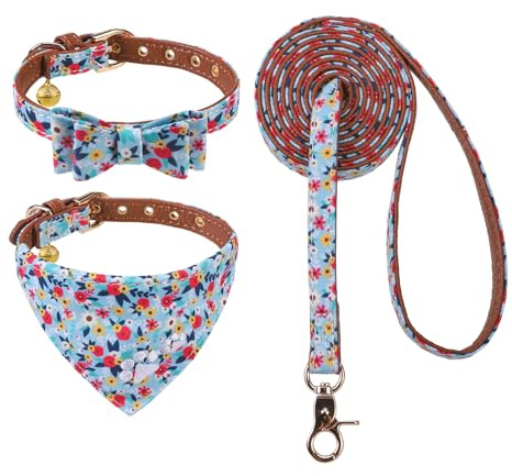 EXPAWLORER Set med hundhalsband och koppel – klassisk rutig hundfluga och tassavtryck bandana halsband med söt klocka, inget trassel husdjurskoppel, justerbara halsband för valp små hundar katter