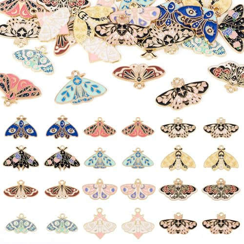 Crafans 24 Stück Vintage-Schmetterlings-Emaille-Anhänger, Blume, Schmetterling, goldene Emaille-Anhänger, Mottenanhänger, japanische Schmetterlings-Anhänger für DIY-Ohrringe, Halsketten,