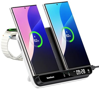 Doppelte Wireless Charger für Samsung Galaxy S25/S24/Z Flip/Z Fold/iPhone | Induktive Ladestation für Galaxy Watch Ultra 8/8 Classic/7/Ultra/6/5/4/3, Ladegerät für iPhone 17-12 Series, SwanScout 710S