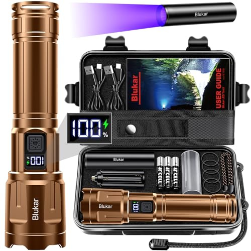 Blukar LED Torch Super Bright - 3 Color Temperatures & 4 Modes, Rechargeable, Long-Lasting 5000mAh, Adjustable Focus, IP67 Waterproof Handheld Torch Flashlight for Camping, Emergency, Hiking etc-Brown