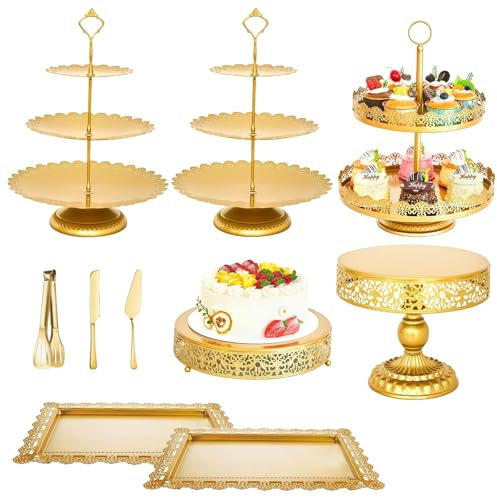 DYUEE Juego de 10 soportes redondos de metal dorado para tartas, juego de exhibición de mesa de postre para fiesta de cumpleaños, boda, fiesta, té de la tarde, postre