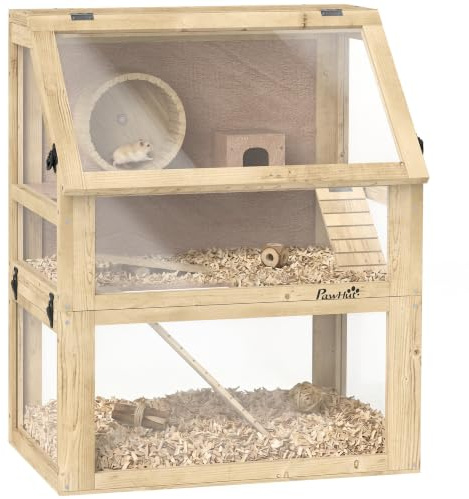 PawHut Cage à hamster en bois, cage à gerbille à 3 niveaux avec fond amovible de 32 cm de profondeur, cabane, balançoire, roue d'exercice, rampes, finition bois naturel