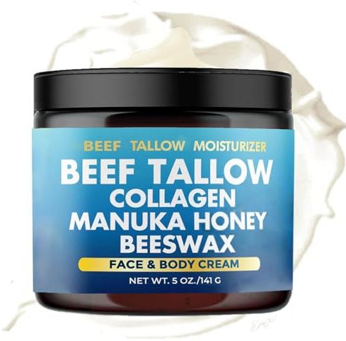 Beef Tallow Collagen Manuka Honey Beeswax, Beef Tallow For Skin, 7 in 1 Moisturizing Grass Fed Beef Tallow Face Cream, Grass Fed Whipped Tallow Honey Balm, Organic Beef Tallow for Face
