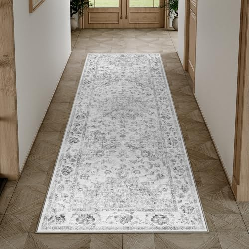 HUGEAR Vintage Grau Waschbarer Läufer Teppich Flur 60x240cm Bettvorleger Küchen Wohnzimmer Schlafzimmer Teppiche rutschfest Kurzflor Weich Flurläufer Teppichläufer