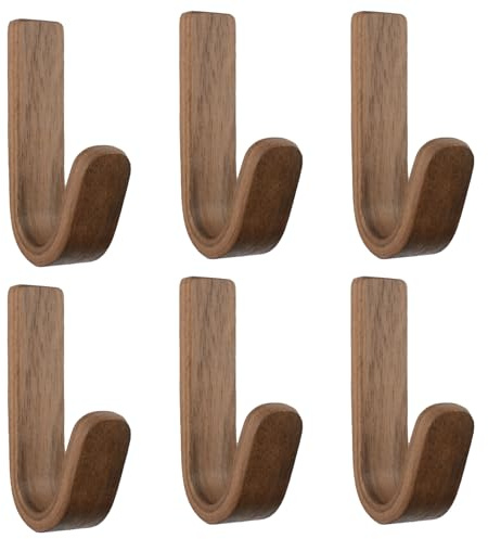 MOROBOR 6 Stück walnussfarbene selbstklebende Wandhaken, J-Typ selbstklebender Haken, natürliche hölzerne Schlüsselhalter, Wandmontage, robuster Kleiderhaken für Badezimmer, Schlafzimmer, Eingang