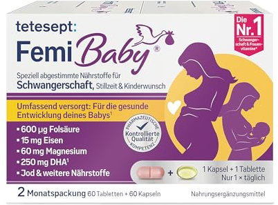 tetesept Femi Baby (2 Monatspackung) - Nahrungsergänzungsmittel für Kinderwunsch, Schwangerschaft und Stillzeit - Mit Folsäure, Eisen, DHA und weiteren Nährstoffen