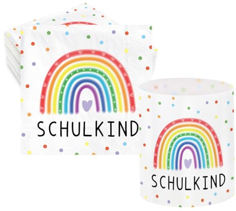 Cadimus 40 Stück Servietten Schulkind Regenbogen + 12 Windlicht Tischdeko Einschulung, Schulkind Tischdeko, Servietten Schulanfang, Schulanfang Windlicht, Einschulung Deko Regenbogen