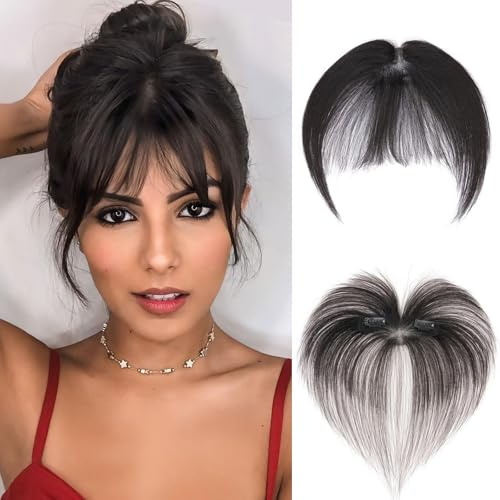 MY-LADY Clip in Pony Echthaar 100% Haar mit 2 Clips, Französischer Pony Fringe Extensions Bangs Natürliche Haarteile Echthaar für Damen Farbe Natürliche Schwarze