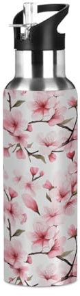 Mexpekil Bouteille d'eau isotherme en acier inoxydable avec couvercle à paille - 600 ml - Motif fleurs de cerisier du Japon - Rose