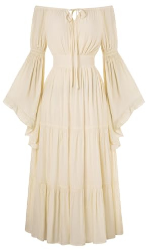 SCARLET DARKNESS Women Victorian Cottagecore Dress Off Shoulder Square Neck Flared Fairy Dress Apricot XL