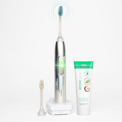 emmi-dent Ultraschallzahnbürste mit 96 Mio. Schwingungen Metallic Holografik – Elektrische Zahnbürste ohne Schrubben – Sanfte Reinigung – Starter-Set mit Aufsteckbürsten & Ultraschallzahncreme