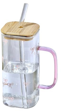 Bicchiere in vetro da 400 ml, riutilizzabile, trasparente, con cannuccia in vetro e coperchio in legno, per succhi di frutta, caffè freddo, cocktail, whisky, bevande fredde