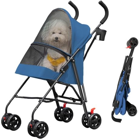 OHMG - Cochecito plegable para mascotas, carrito plegable, impermeable, para perro, gato, portavasos, cesta de almacenamiento incluida, ruedas con freno, tela 600D, Oxford, acero y funda de lluvia