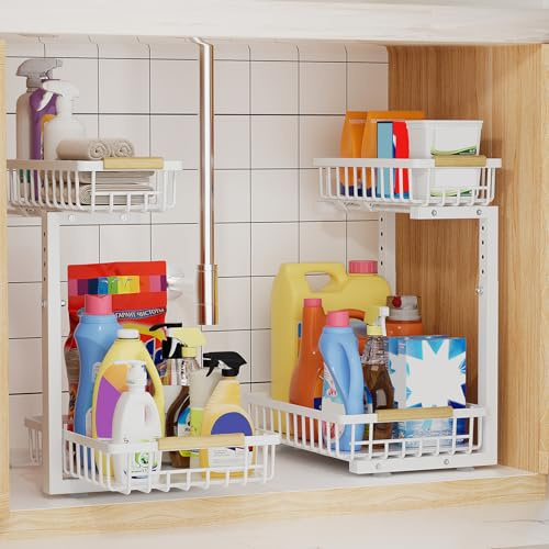 OUUTMEE Lot de 2 Rangement sous Évier en Métal, Étagère Coulissante sous Évier à 2 Niveaux, Organisateur sous Evier Réglable en Hauteur pour Cuisine, Salle de Bain (Blanc)