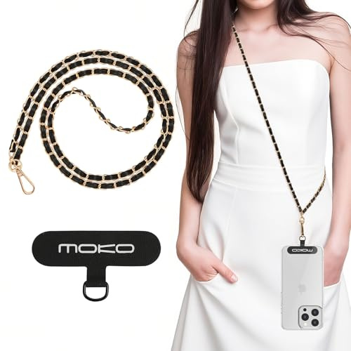 MoKo Phone Lanyard, Metal Phone Chain Anti-Theft Strap Crossbody for iPhone and Most Smartphones, Secure Neck Holder for Travel, Commute & Daily Shop, Hands-Free Design to Prevent Loss, Gold & Black