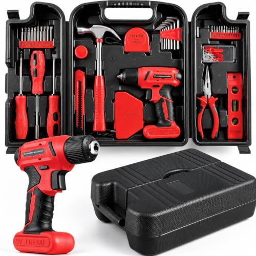 TLGREEN 101 Pcs 8V Cordless Drill and Tool Set, USB-C Rechargeable Power Tool Kit with Brushless Motor & Fast Charge, Lightweight Home Tool Kit for DIY, Repair, and Maintenance with Storage Case（Red)