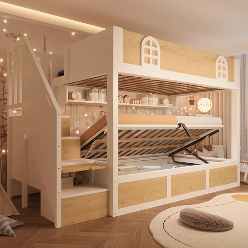 Dolamaní Etagenbett 90x200 cm Holz für 2 Personen, Kinderbett Holzbett mit hydraulischem Stauraum, Treppe, Lattenroste und Rausfallschutz, ohne Matratze, Weiß+Natur